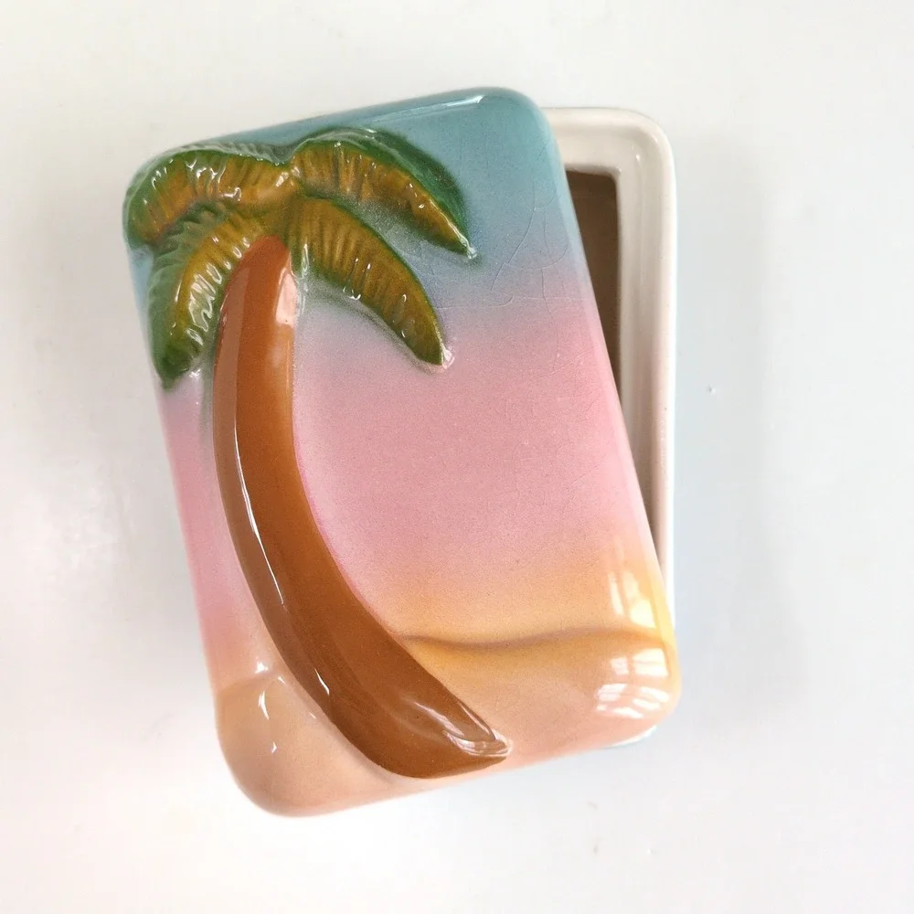 Vtg 80s Tropical Palm Tree Trinket Box Jewelry Lidded Ceramic Sunset Beach Small